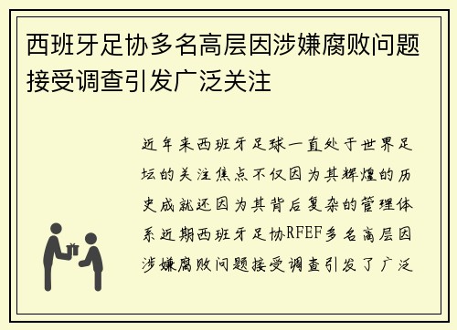 西班牙足协多名高层因涉嫌腐败问题接受调查引发广泛关注