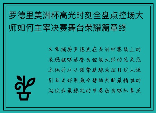 罗德里美洲杯高光时刻全盘点控场大师如何主宰决赛舞台荣耀篇章终